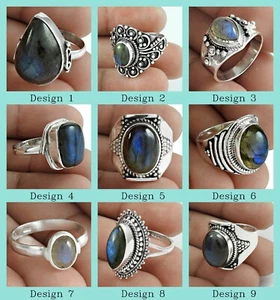 Solid 925 Silver Natural Labradorite Dainty Handmade Rings Size 6 Women Gift - Picture 1 of 15