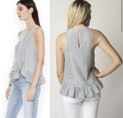 PARKER Ginny Top Seda Geo Camisa Blusa Asimétrico Volantes Blanco Azul Rosa Talla XS Foto 1 de 4