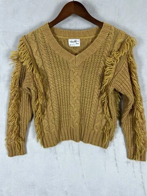 Suéter Twelfth Love tejido con cable para mujer pequeño color marrón flecos recortado cuello en V Foto 1 de 4