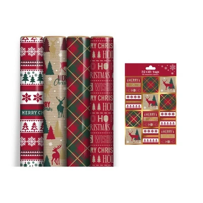4 Rolls Christmas Wrapping Paper 7M Tartan Kraft Gift Wrap & 32 Matching Tags - Image 1 of 4