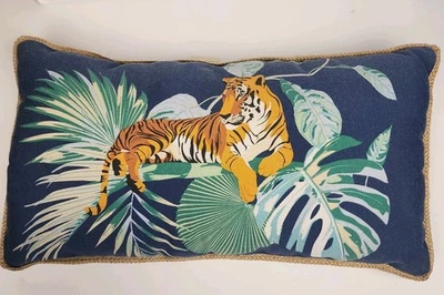  Allen + Roth Tiger Lumbar Pillow Blue Tropical Palm Leaf Jungle Print New  - Image 1 of 4