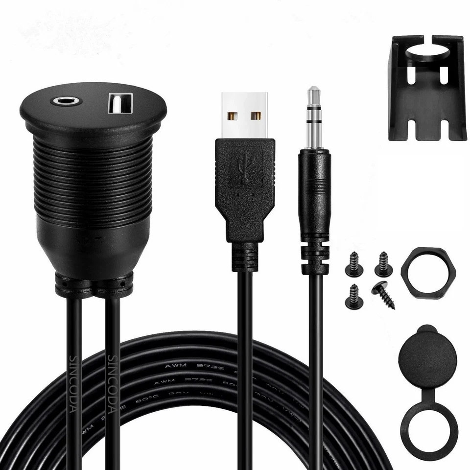Q74C USB Car Dashboard USB 2.0+3.5mm Aux Extension Cable Bündige Mounting 1m - Image 1 of 4