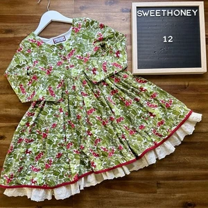 SweetHoney Green Flair Dress Christmas Holly Berry Floral Knit Long Sleeve Lace - Picture 1 of 8