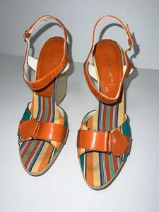 Casadel Made In Italy Heels Orange Sandal Striped Stripes Vero Cuoio - Picture 1 of 10