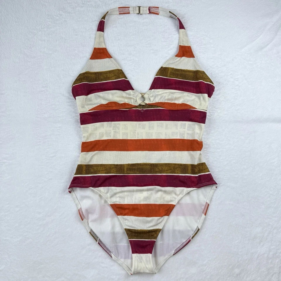 Traje de Baño Leilani 14 Verde Naranja Rosa Tropical Una Pieza Halter Recorte Ajuste Foto 1 de 4