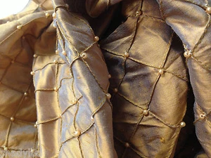 SILK FABRIC DUPIONI COPPER BRONZE With faux Pearls Diamonds 46" Wide Per Yard - Picture 1 of 4