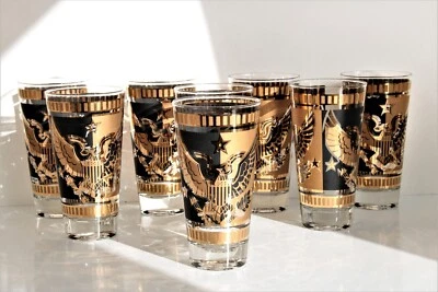 Vintage Fred Press American Eagle Drinking Glasses 22k Gold Set of 8 - Image 1 of 4