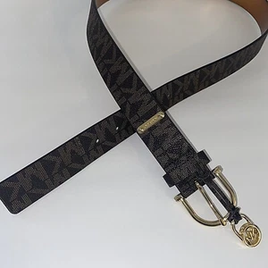 Michael Kors Women's Belt L Brown MK Logo Gold Tone Buckle A22 - Picture 1 of 12
