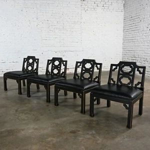 4 Hollywood Regency Chinese Chippendale Style Black Accent Chairs by Thomasville - Picture 1 of 20