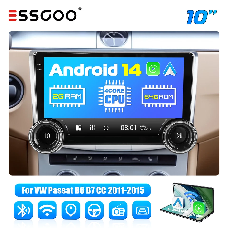 Android 14 Auto 64G CarPlay Autoradio GPS BT RDS Für VW Passat B7 CC 10-2015 - Bild 1 von 4