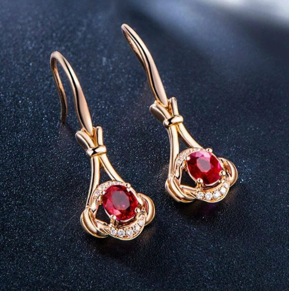 2Ct Oval Cut Lab-Created Ruby Drop Dangle Women's Earrings 14K Rose Gold Finish - Image 1 of 4