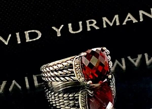 Sz. 7.75 David Yurman Wheaton Diamond Garnet Red Petite Ring Silver w/ Pouch - Picture 1 of 8