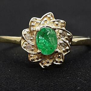 Genuine .45ctw Colombian Emerald & H-SI Diamond 14K Yellow Gold 925 Silver Ring