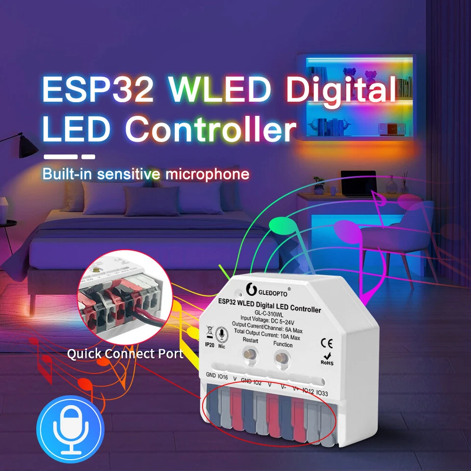 ultrathin ESP32 WLED WiFi LED Controller mit Mic für WS2811 WS2812B SK6812 Light - Bild 1 von 4