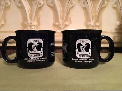 Pair/2 Trout Unlimited Thick Heavy Navy Blue Speckled Large Coffee Soup Mug Cups - Image 1 of 4