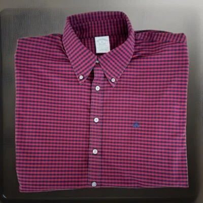 Camisa de vestir 17,5-35 XL Brooks Brothers MILANO calce etiqueta verde algodón ROJO CUADROS Foto 1 de 4