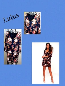 LULUS “Shifting Dears” Dark Blue Floral Dress-Cold Shoulder Sleeves- Medium - Picture 1 of 7