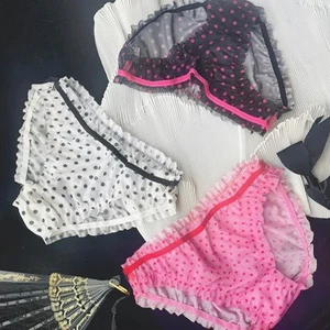 Womens Sexy Polka Dot Lace Panties Transparent Mesh Briefs Black White Pink - Picture 1 of 7