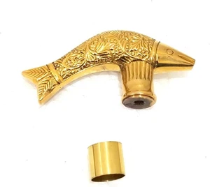 Vintage Brass Design W/Floral Pattern Fish Head Handle For Wood Walking Stick - Picture 1 of 4
