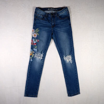 Machine Women's Blue Jeans Skinny Sz 3 Floral Embroidered Distressed - Image 1 of 4