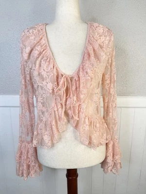 Vtg Romantic Lace Top Sz L Fairy Whimsical Tie Front Ruffle Coquette Pink Dainty - Image 1 of 4