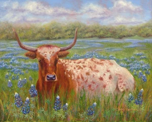 Giclee print of original oil painting 9x12” Texas longhorn cow/bluebonnets - Picture 1 of 1