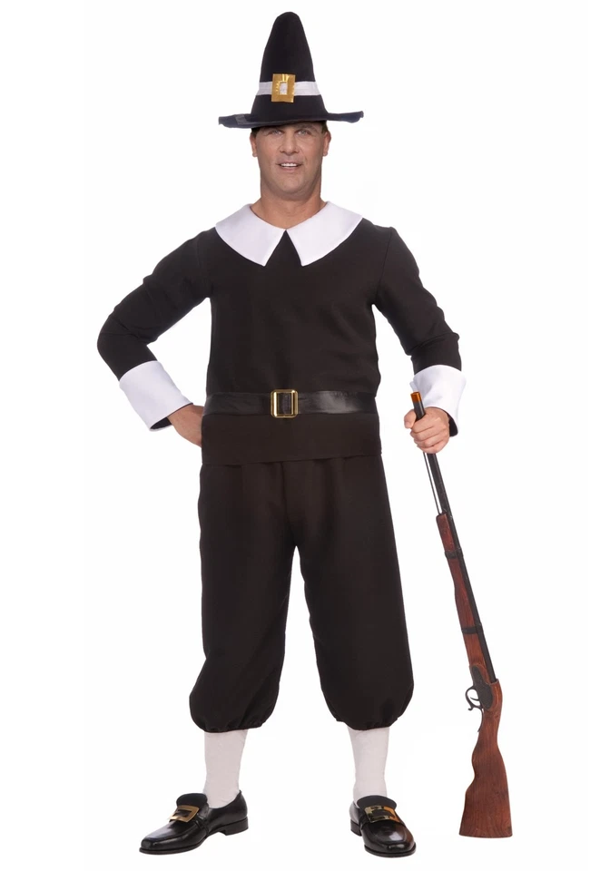 Pilgrim/Puritan Man Costume 4Pc Blk/White Top Knickers Belt & Felt Hat Plus Size - Image 1 of 1