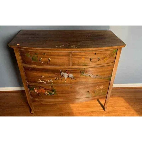 Mahogany Bowfront Chest w/Painted Fox Scenes Cover