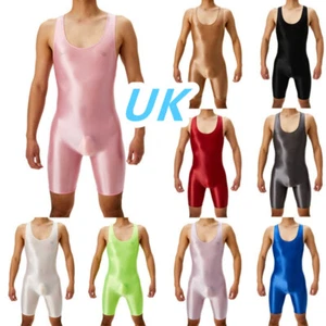 AU Men's Glossy Sleeveless Bodysuit Boxer Jumpsuit One Piece Wrestling Singlets - Picture 1 of 92