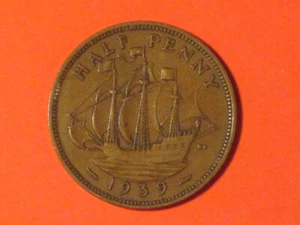 1939 Half Penny - Great Britain - KM# 844  XF - Picture 1 of 8