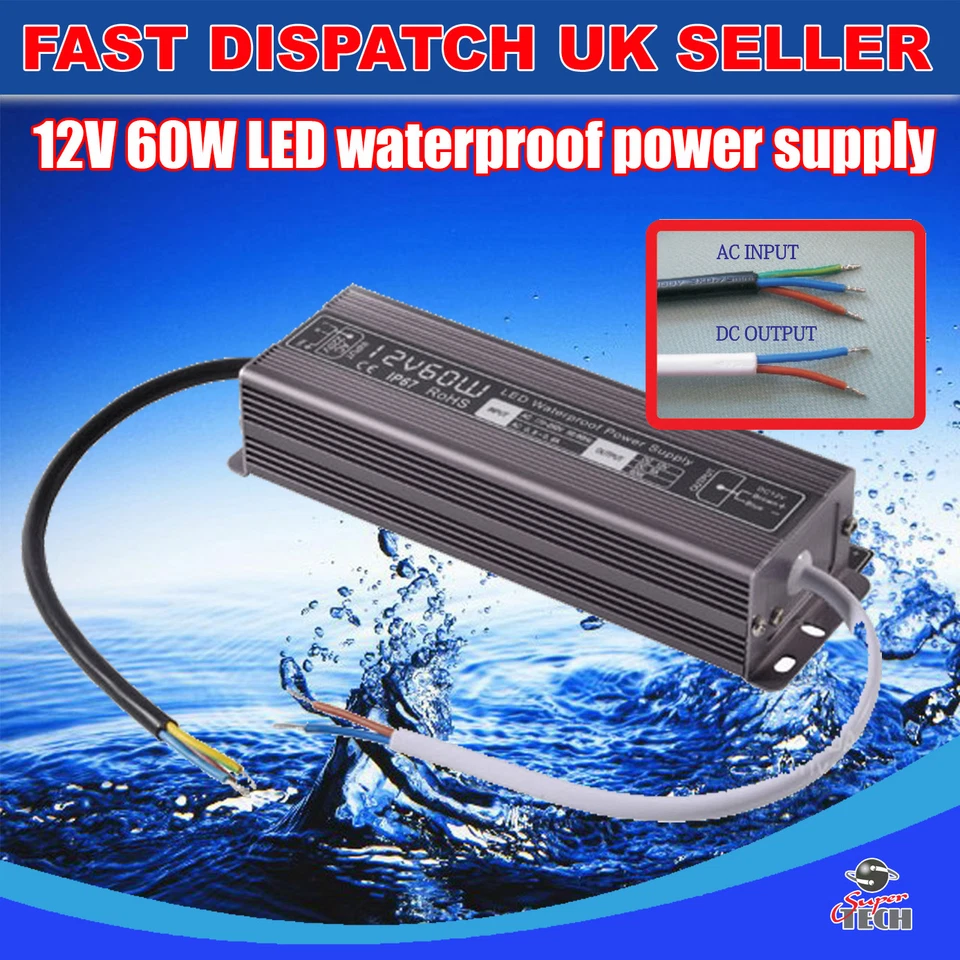 60W DC12V IP67 Waterproof Transformer Power Supply Adapter LED Outdoor UK Stock - Image 1 of 3