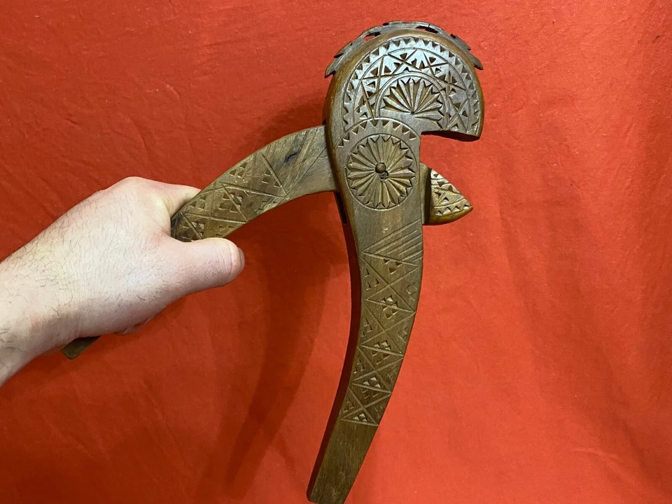 HUGE WODDEN VINTAGE NUT CRACKER HANDMADE CARVED ENGRAVED TOOL NUT WALNUT - Image 1 of 4