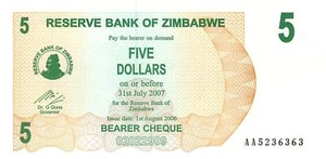 Simbabwe Zimbabwe 5 Dollars 2007 kassenfrisch unc. - Bild 1 von 2