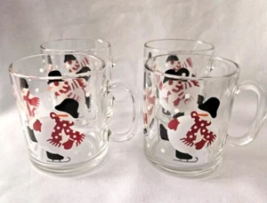 SET OF 4 ARCOROC GLASS SNOWMAN COFFEE MUGS CUPS 3 5/8" - Imagen 1 de 3