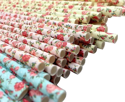 75-Pack Eco-Friendly Biodegradable Paper Straws - Vintage Rose & Floral Design i - Image 1 of 4