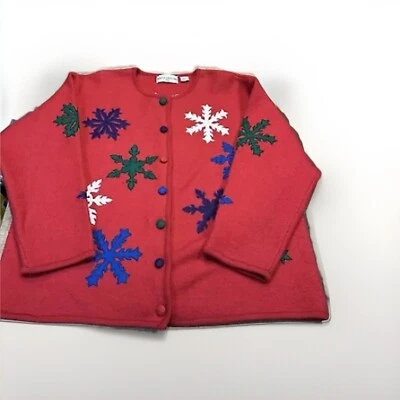 Vtg Marisa Christina Red Christmas Cardigan Sweater Wool Snowflakes | Women’s 2X - Image 1 of 4