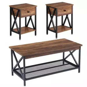 VECELO Coffee Table w/3-Pcs Occasional Table Set + 2 End Tables + Storage Brown - Picture 1 of 11
