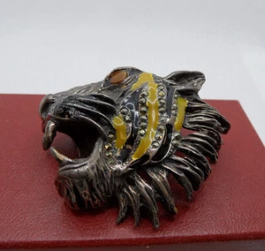 Vintage STERLING SILVER 925 Brooch/Pin TIGER HEAD Enamel Marcasite Eye Gemstone - Picture 1 of 8