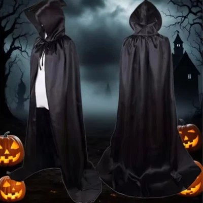 Capa de Halloween Suave Unisex Con Capucha Bata Negra - Bruja Vampiro Mago Capa Larga Foto 1 de 4