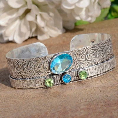 Brazalete de plata de ley 925 con piedras preciosas de corte de peridoto de topacio azul para regalo de línea de vida Foto 1 de 4