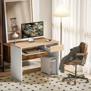 Compact Computer Table with Keyboard Tray and Drawer, Writing Desk, Oak - Picture 1 of 11