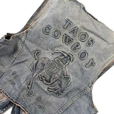 Vtg Taos Cowboy Denim Vest USA Made Western embossed Bucking Horse Blue Jeans - Image 1 of 4