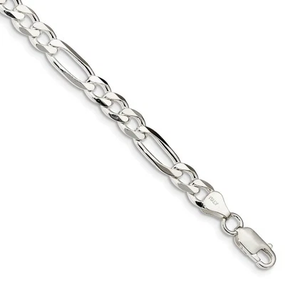 Brazalete de cadena Figaro sólido de plata de ley chapado en rodio de 6,5 mm, 8 pulgadas Foto 1 de 4