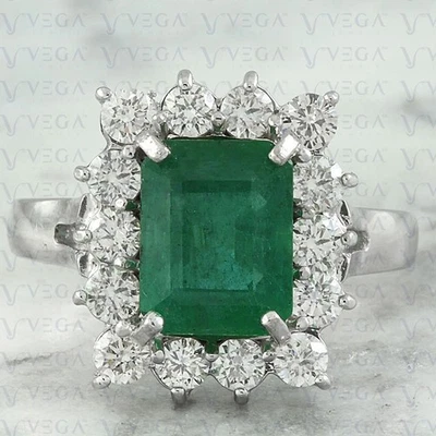 5.40Ct Emerald Shape Natural Emerald and Diamond Halo Ring 950PT Platinum Plated - Image 1 of 4