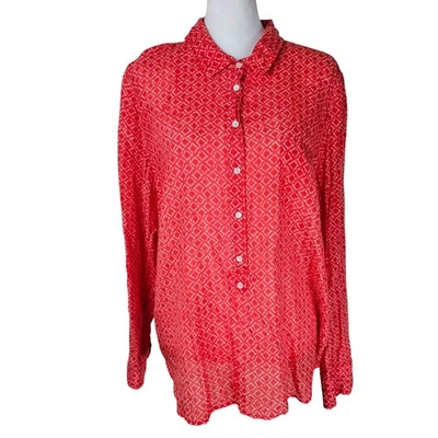 Camisa popover J.Crew algodão/seda com botões XL padrão diamante vermelho bolso relaxado - Imagem 1 de 4