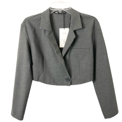 Zara NWT Women's Gray Pin-Stripe Cropped Boxy Fit Preppy Blazer Size Small - Image 1 of 4