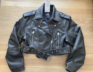 ZARA Brown/Khaki Molly Mae Faux Leather Cropped Biker Jacket With Belt Size M - Picture 1 of 7