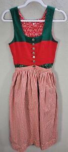 Vtg Bavarian Octoberfest Dirndl Dress Green Red Apon Checkered Cotton Sz 2XS