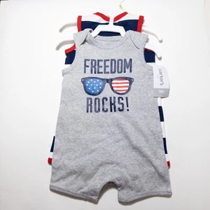 Carters 3 Month Baby 2 Pack Knit Rompers Freedom Rocks! Blue White Stripe NEW - Picture 1 of 6