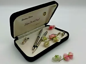 Vintage Silver Metal Set of Cuff Links Tie Clip Pen & Pencil FILIGREE Boxed - Picture 1 of 12
